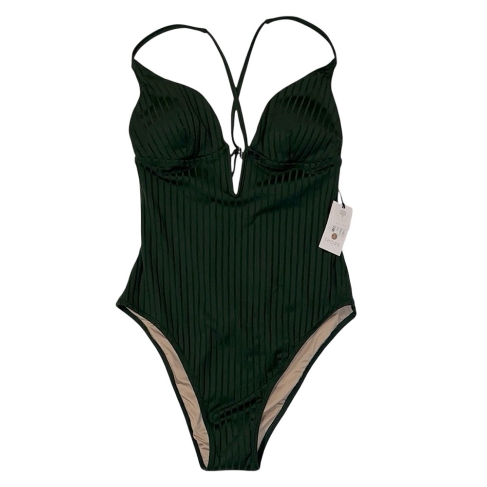 Dark Green Strappy Ribbed Knit One-Piece Swimsuit, NWT